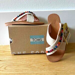 NEW In Box TOMS Natural Hemp Multi-Colored Pom Pom Criss Cross Kids Sandals 12Y